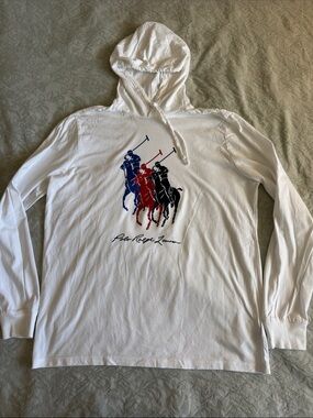 Polo by Ralph Lauren White Hoodie with Red, Blue & Black Polo Player Graphic